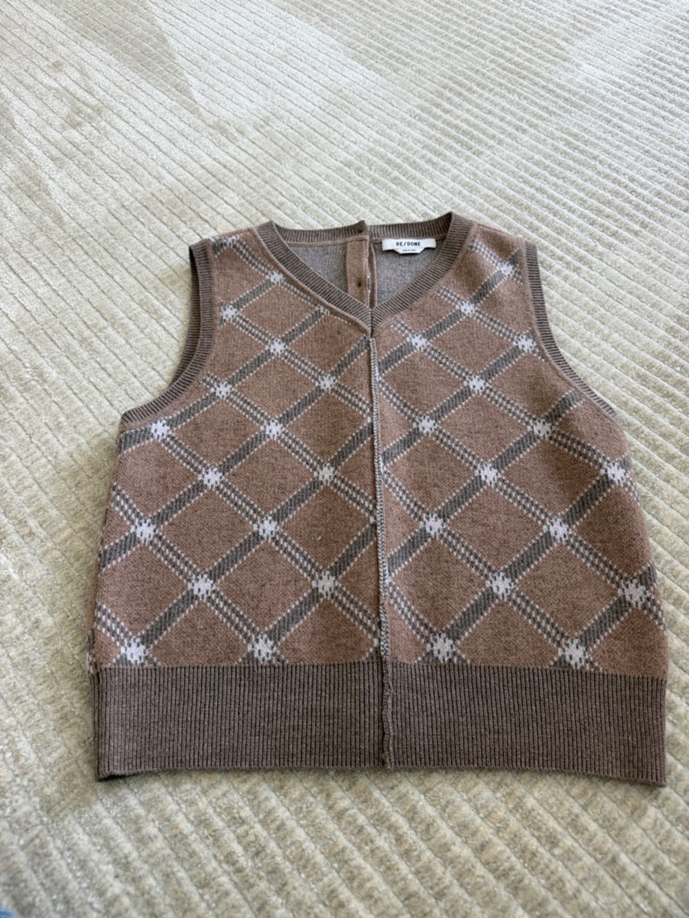 Re/Done Brown and Cream Argyle Knit Vest
